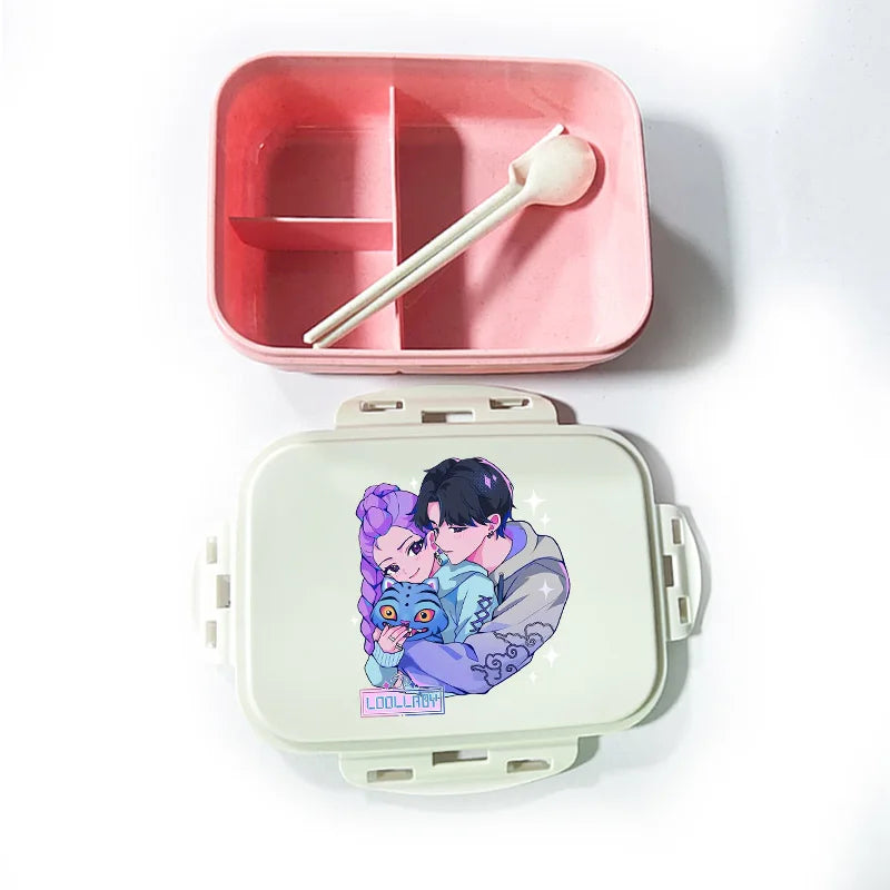 Caja de comida con estampado de la película de dibujos animados K-pop Demon Hunters para niños, lonchera para el regreso a clases, cubo de picnic Huntrix Saja Boys Derpy Tiger