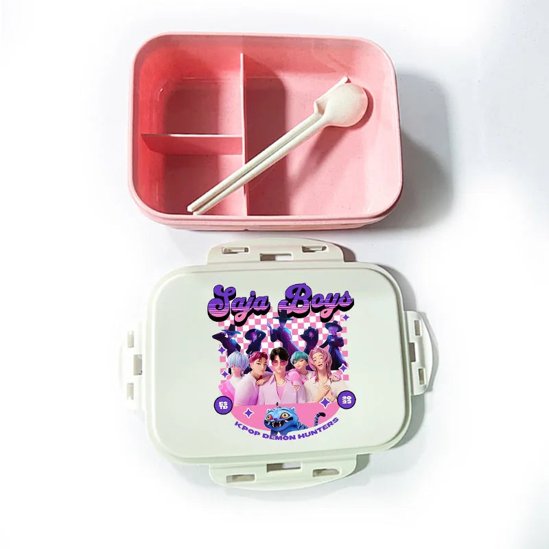 Caja de comida con estampado de la película de dibujos animados K-pop Demon Hunters para niños, lonchera para el regreso a clases, cubo de picnic Huntrix Saja Boys Derpy Tiger